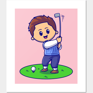 Cute Man Playing Golf Cartoon Posters and Art